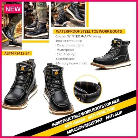Men's Steel Toe Work Boots Waterproof Non-Slip Safety Construction